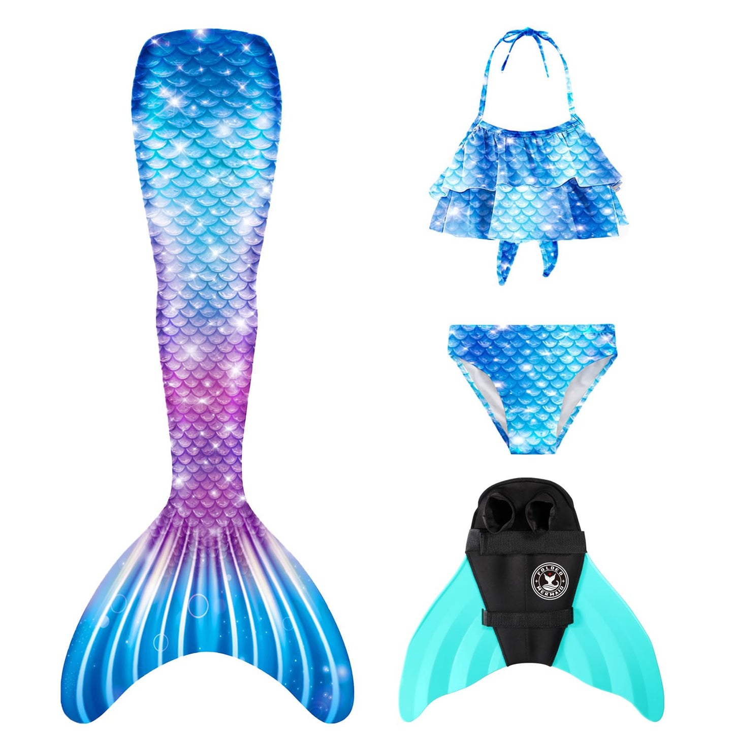 FOLOEO Mermaid Tail for Kids 4 Pieces Set（36-40），Child Monofin Pro