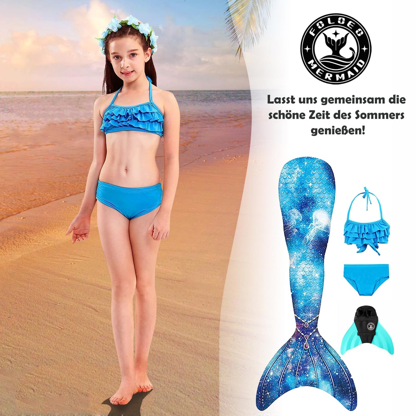 FOLOEO Mermaid Tail  for Kids 4 Pieces Set（1），Child Monofin Lite/Pro